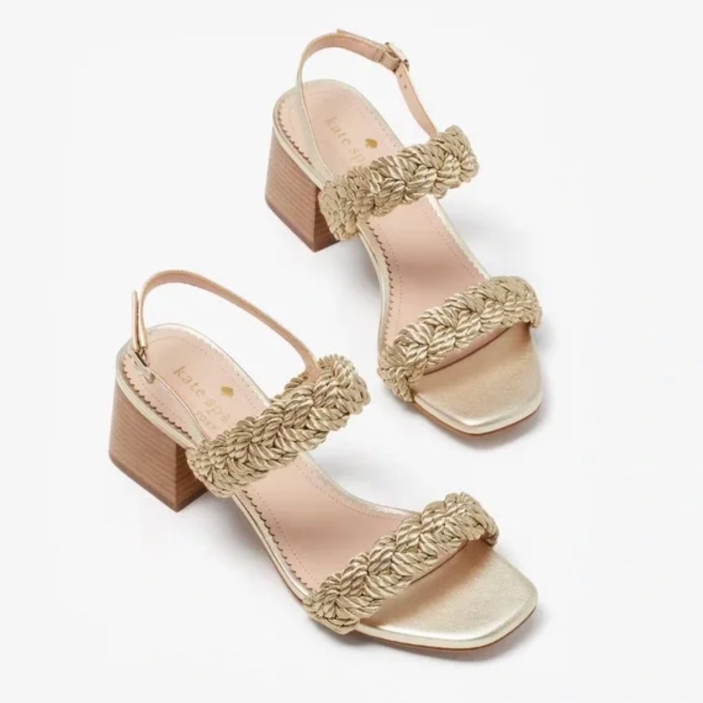 ♠️ Kate Spade Valentina Braided Rope Strap Mid Heeled Sandals, Pale Gold EUC